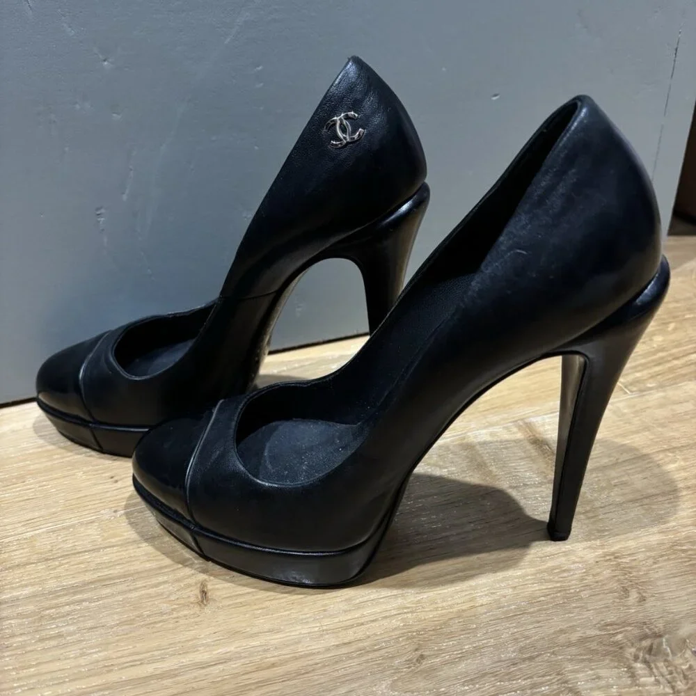 CHANEL Black Women Pump Heel Black Leather